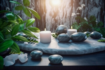 Fototapeta na wymiar Spa concept with stones and candles. Super photo realistic background, generative ai illustration
