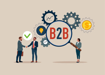 Business people with magnifier B2B from cog gear production. Shaking hands after set strategy. Sales and commerce for agreed transaction, better profit. Vector illustration