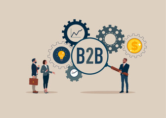 Business people with magnifier B2B or Business to Business Marketing from cog gear production. Sales and Commerce for Agreed Transaction, Better profit. Vector illustration