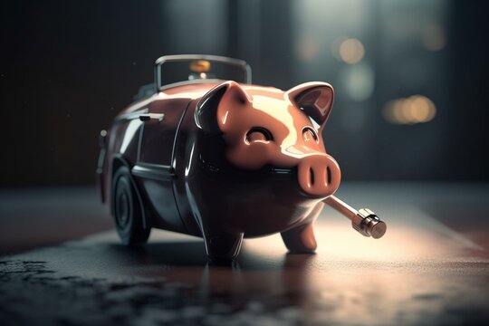 Piggy bank with fuel pump nozzle. Save money and fuel concept, 3D rendering. Generative AI
