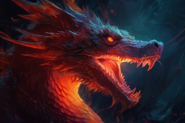 Fototapeta premium Close-up of a dragon with open mouth. Generative AI.