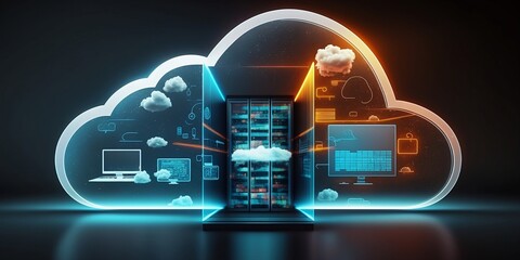 Cloud technology concept. Data center concept. Modern cloud technologies. Neon colors, cyber space, isometric illustration network with computer, laptop, tablet and smartphone. For web. generative AI.