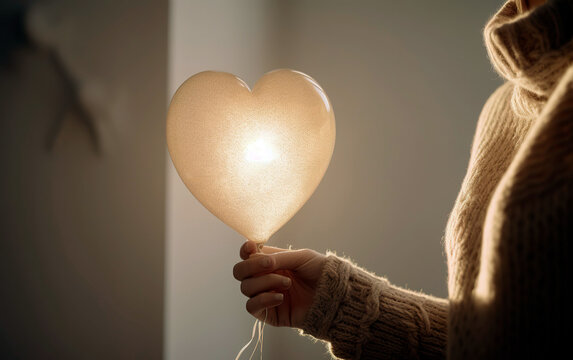 Woman hand showing light balloom with heart shape. Generative AI.