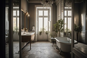Elegant private apartment, bathroom; Italy, Sicily, Donnalucata (Ragusa Province); 26 April 2019 EDITORIAL. Generative AI