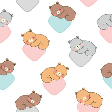 cute teddy bear sleeping on clouds in the sky, seamless pattern, vector background