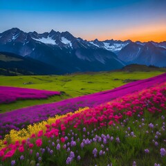 A breathtaking mountain range with snow-capped peaks, surrounded by fields of colorful wildflowers in bloom.

Generative AI