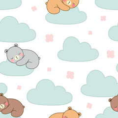 cute teddy bear sleeping on clouds in the sky, seamless pattern, vector background - 592942154