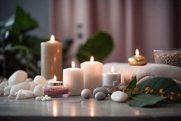 Obraz na płótnie Canvas Spa concept with stones and candles. Super photo realistic background, generative ai illustration
