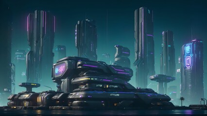  Illustration of a sci-fi futuristic cyberpunk house in the city at night - Generative AI
