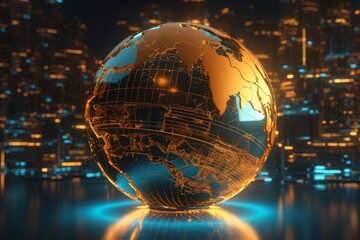 Golden globe on a reflective surface. Generative AI.