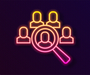 Glowing neon line Magnifying glass for search job icon isolated on black background. Recruitment or selection concept. Search for employees and job. Vector