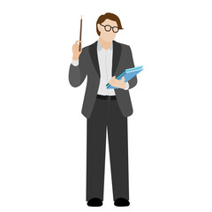 Young person in a suit holding with folders and pencil. Cute funny isolated character. Flat style. Drawing, writing, design, blogging, idea