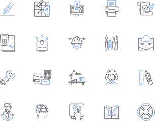 Operations management outline icons collection. Planning, Scheduling, Costing, Organizing, Structure, Control, Quality vector and illustration concept set. Staffing, Forecasting, Manpower linear signs