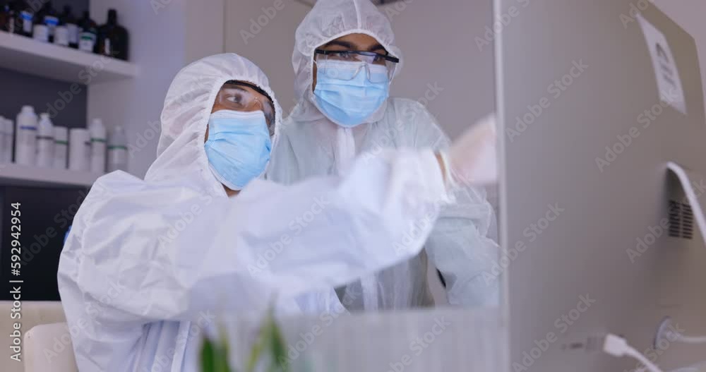 Aufkleber scientist collaboration in laboratory, ppe and computer, science study for medical research with tea