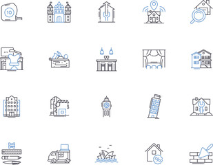 Houses outline icons collection. Home, Residence, Abode, Dwelling, Mansion, Lodgings, Villa vector and illustration concept set. Condo, Cottage, Bungalow linear signs