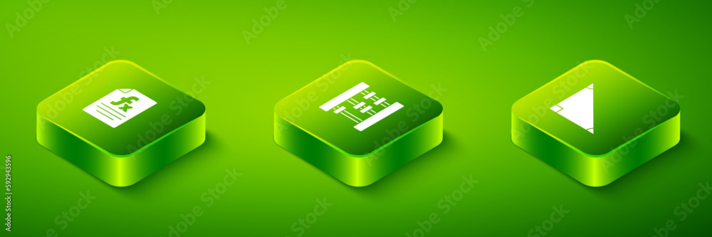 Poster set isometric abacus, triangle math and function mathematical symbol icon. vector