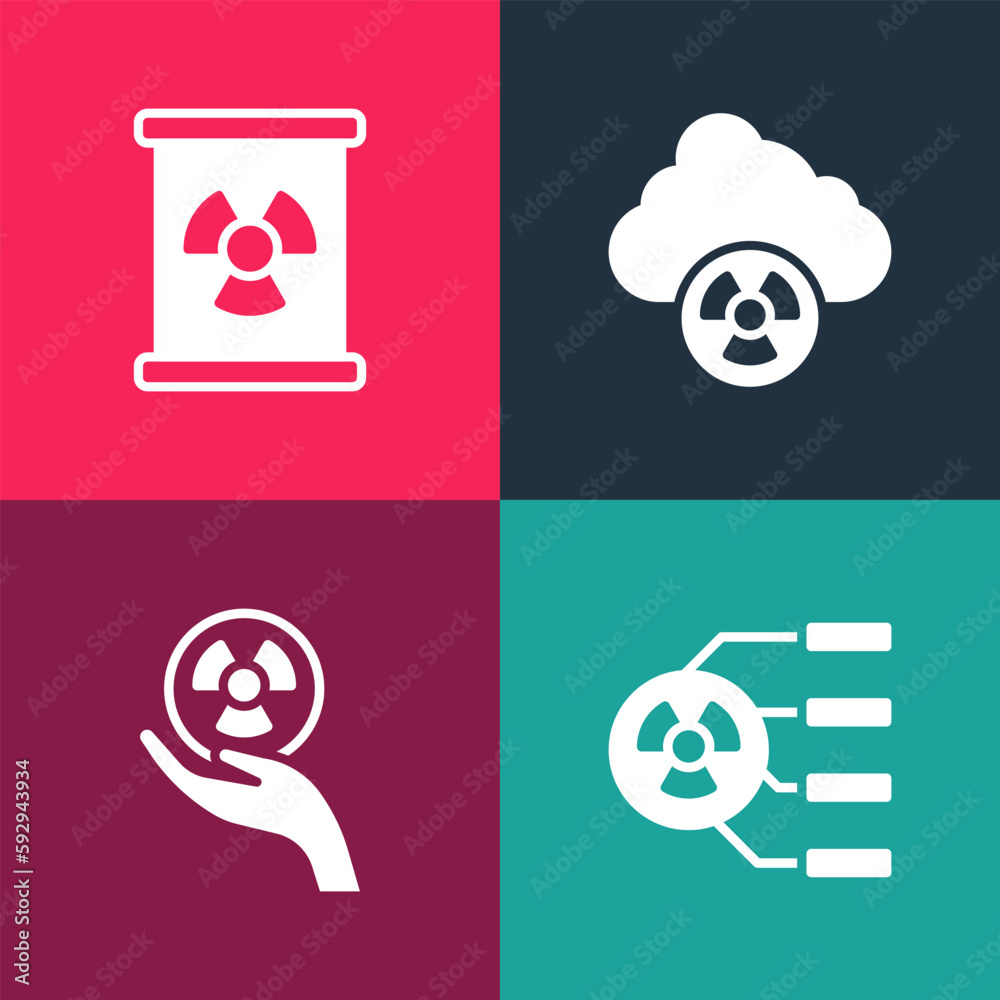 Poster set pop art radioactive, , acid rain and radioactive cloud and waste barrel icon. vector