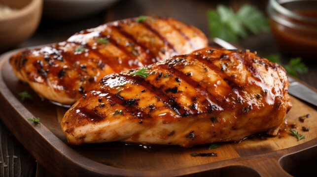 Marinated Grilled Healthy Chicken Breasts In A White Plate And Served