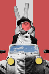 Digital collage with old rusty car and young bearded man