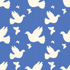 Beautiful seamless vector wallpaper with lovely white doves and butterflies on a blue background