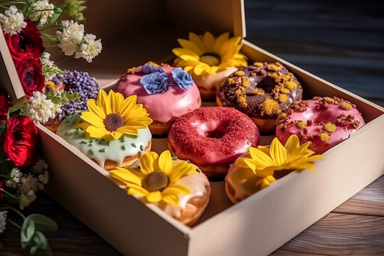 Tasty donuts in the box, Super photo realistic background, generative ai 3d illustration