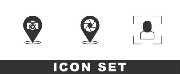 Set Photo camera, Camera shutter and focus frame line icon. Vector