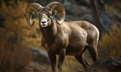 Obraz premium Bighorn sheep in its natural habitat standing on a rock. Generative AI