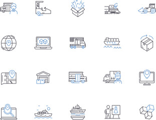 Supply chain outline icons collection. Logistics, Management, Optimization, Supply, Chain, Distribution, Tracking vector and illustration concept set. Warehouse, Inventory, Forecasting linear signs