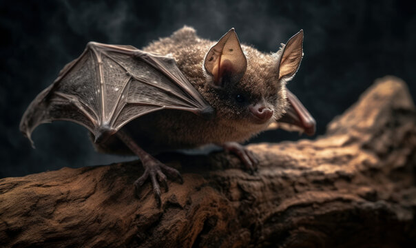 photo of bat in forest sitting on a tree branch with dark background. Generative AI
