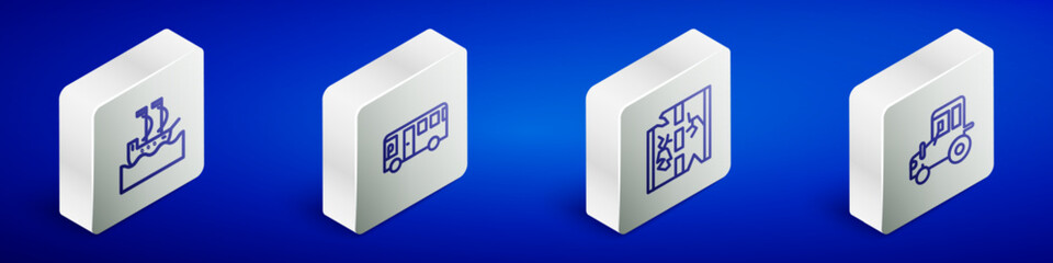 Set Isometric line Sailboat, Bus, Broken road and Tractor icon. Vector