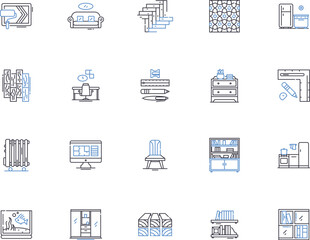 Interior design outline icons collection. Decorating, Furnishings, Fabric, Arrangement, Colours, Organization, Fixtures vector and illustration concept set. Updating, Planning, Layout linear signs