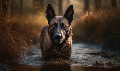 photo of Belgian Malinois standing in water. Generative AI