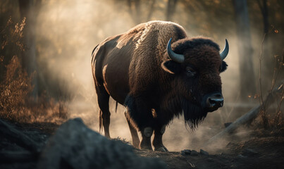 photo of Bison in its natural habitat during sunrise. Generative AI