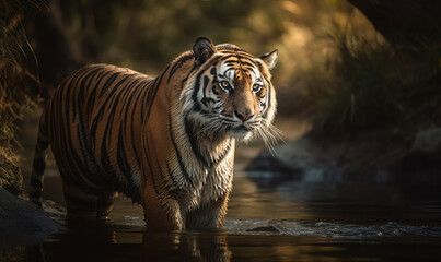 Fototapeta na wymiar photo of Bengal tiger standing in water in its natural habitat. Generative AI