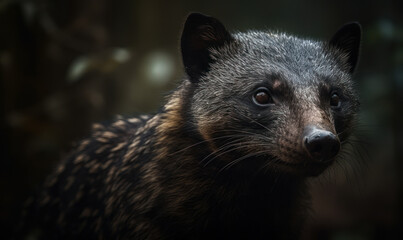 Obraz premium Binturong on blurry forest background during dusk. Generative AI