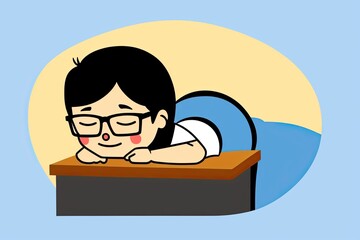 a cute nerd sleeping at a computer desk, digital art
