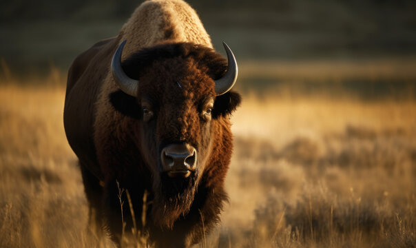 photo of Bison in its natural habitat during sunset. Generative AI