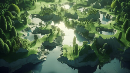 Rainforest lakes in the shape of world continents. Environmentally friendly sustainable development