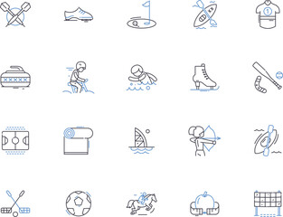 Sport activities outline icons collection. Sports, Activities, Games, Exercise, Running, Swimming, Football vector and illustration concept set. Basketball, Baseball, Hockey linear signs