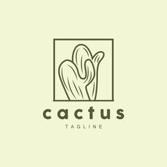Cactus Logo, Simple Line Cactus Design, Green Plant Vector, Icon, Symbol, Illustration