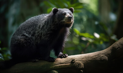 Binturong, known as Bearcat, perched on a branch in the lush canopy of a tropical rainforest. Its thick black fur shines in the dappled sunlight filtering through the trees. Generative AI