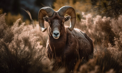 photo of Bighorn sheep in tall grass during sunset. Generative AI