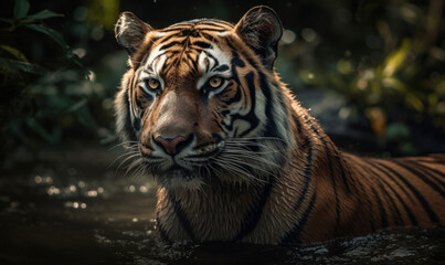 photo of Bengal tiger standing in water. Generative AI