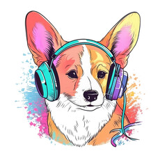 Portrait of a Corgi dog with colorful style T-shirt Design, wearing Headphones, Vector illustration on Transparent Background