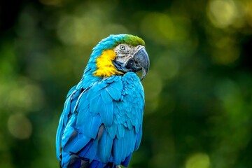 Closeup of a blue and yellow, colorful Macaw parrot captured against a blurred background