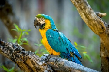 Closeup of a blue and yellow, colorful Macaw parrot perched on a wood against a blurred background