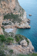 Landscape at Moraig Cove Beach with Cliff; Alicante; Spain - 592947152