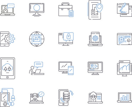 Internet business outline icons collection. e-commerce, online, web, store, shopping, marketing, services vector and illustration concept set. platform, analytics, logistics linear signs