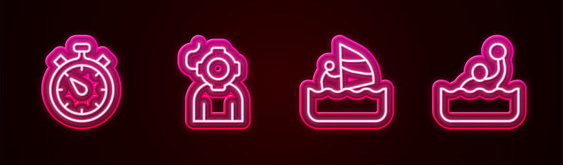 Set line Stopwatch, Aqualung, Windsurfing and Water polo. Glowing neon icon. Vector