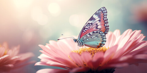 Fototapeta na wymiar frische rosafarbene Sommerwiese mit Schmetterling, generative AI